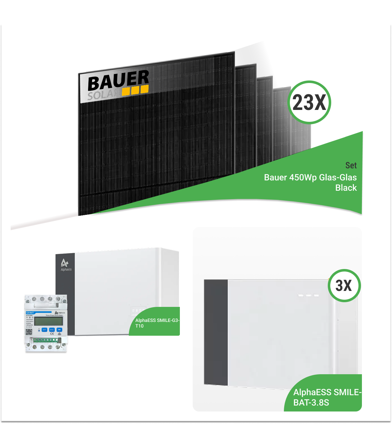Photovoltaik-Komplettset 10,35 kWp mit 23x Bauer 450 Wp bifazialen Glas-Glas Full Black Modulen und Alpha ESS SMILE-G3-T10 mit 10,95 kWh Speicher