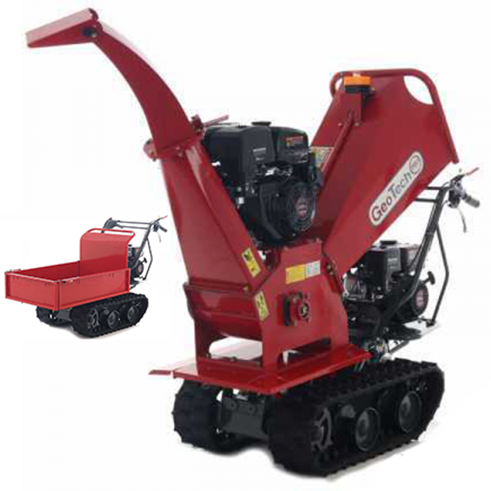 GeoTech Pro BMS155 LE Häcksler mit Raupenantrieb und Motorschubkarre, Motor 6,5/15 PS, ausziehbare Mulde