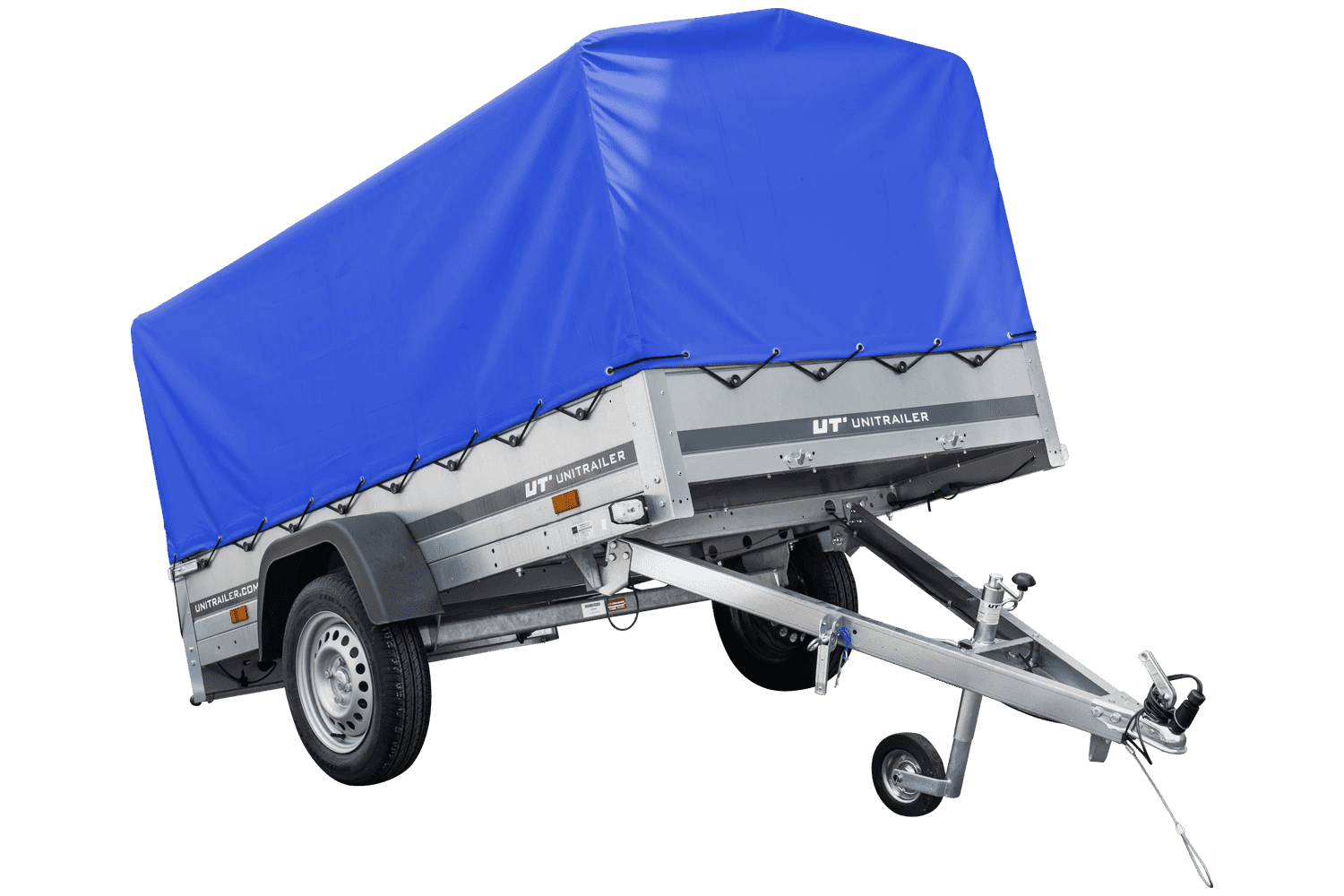 Autoanhänger 230×125 Garden Trailer 230 KIPP Unitrailer 750 kg mit Stützrad, blauer Hochplane und Hochspriegel